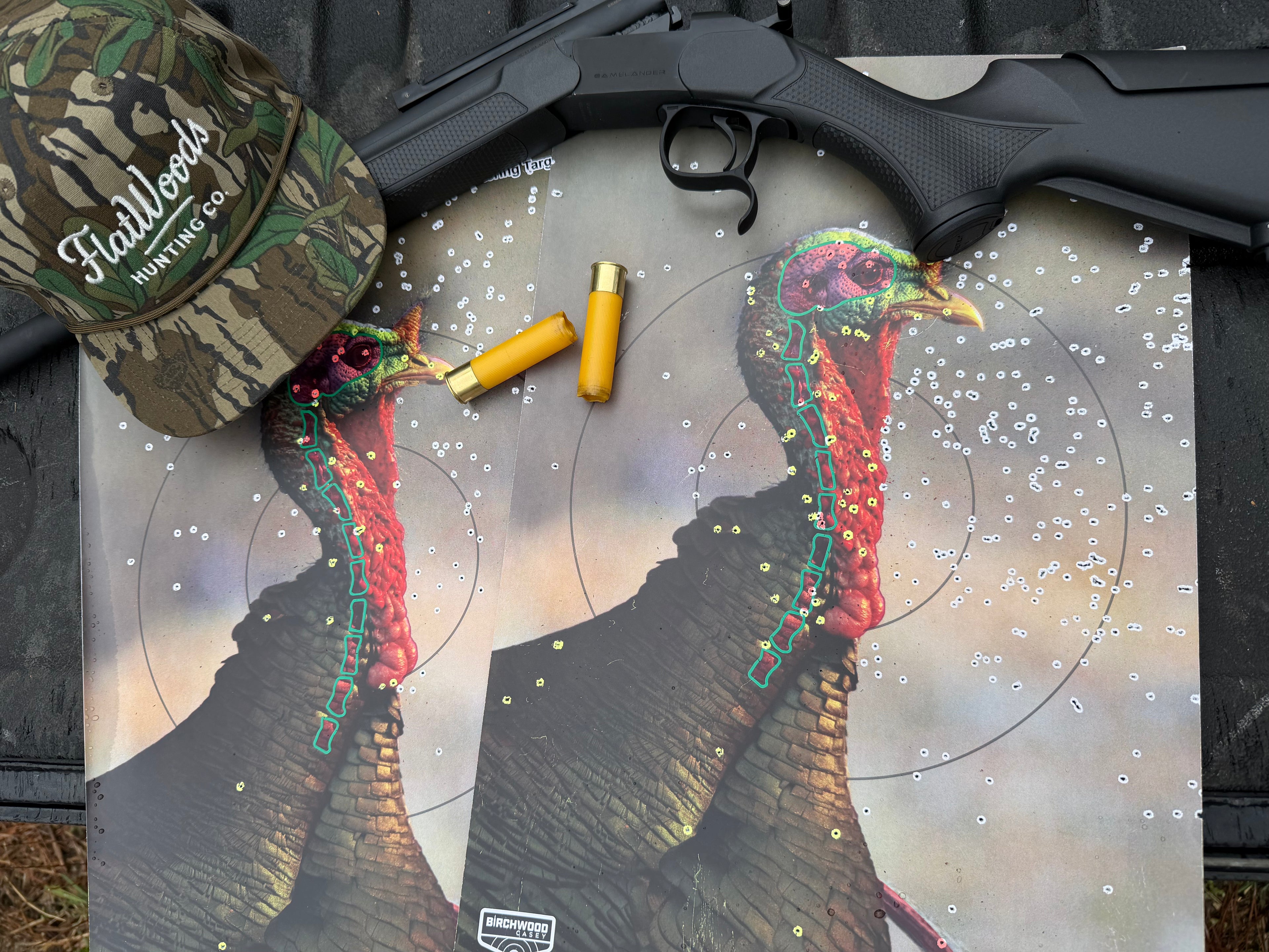Gun and shotgun shells on a target with turkey design, Flatwoods cap on top